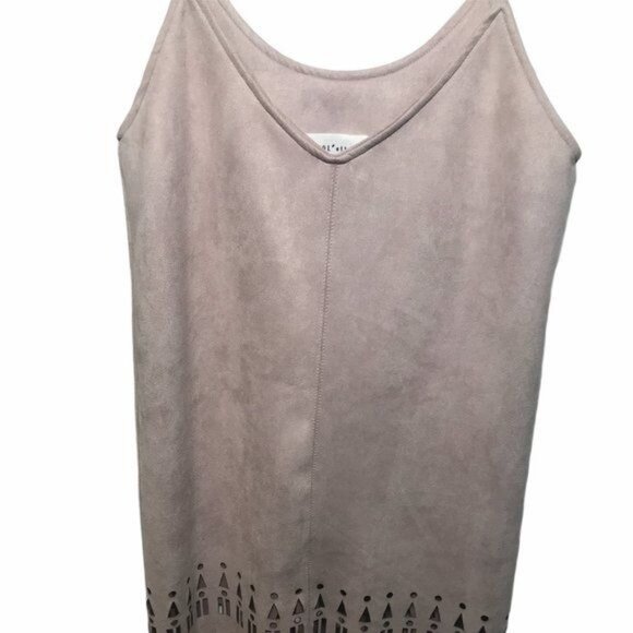 Palette Micro Suede Fringe Cut Out Mini Spaghetti Strap Cha Cha Mauve Dress M - Picture 2 of 5